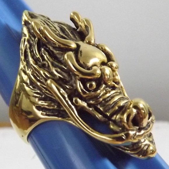 Gold-Tone Metal Stainless Steel Dragon Head Ring, Size 12 - Picture 1 of 7